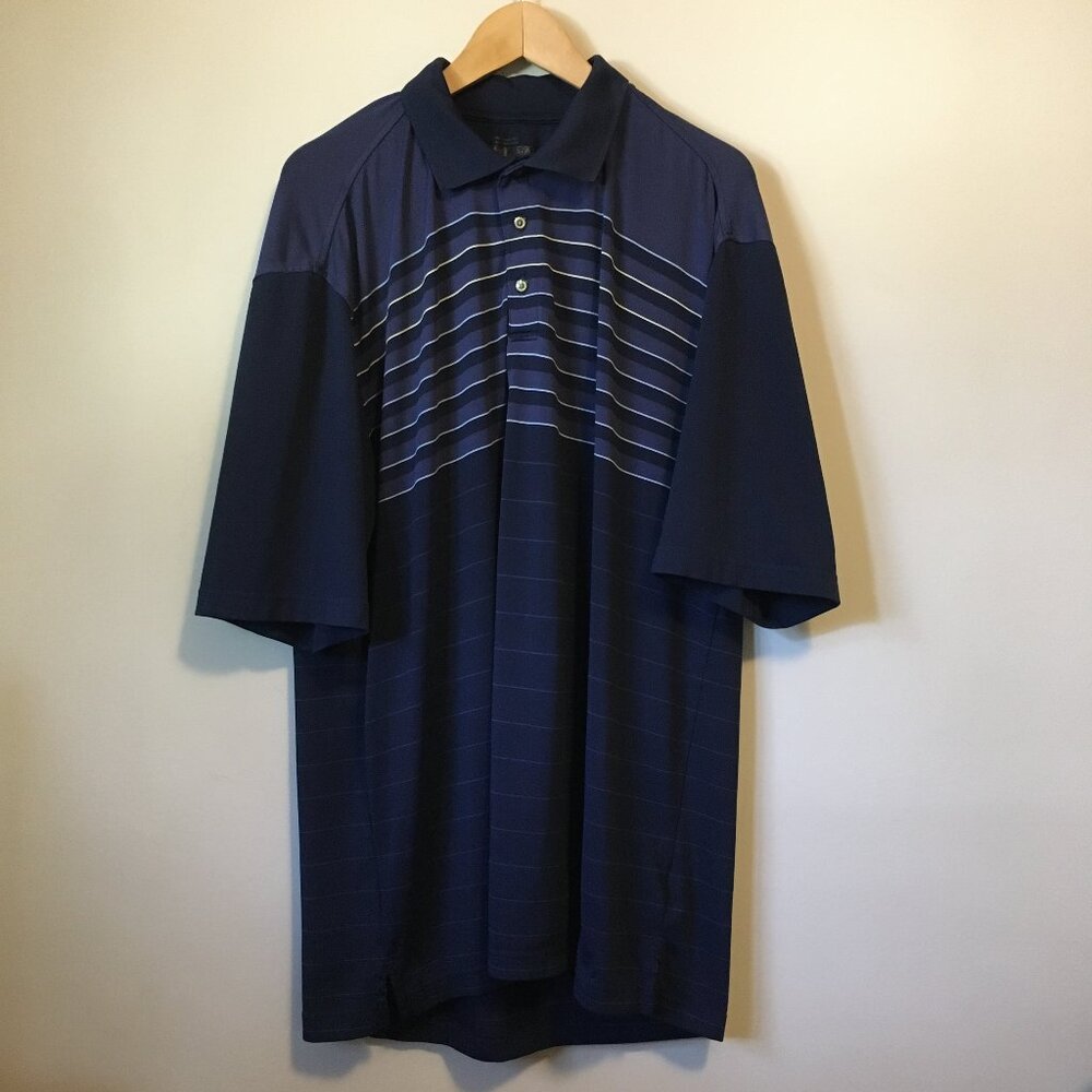 Kirkland Signature Men XL Navy Blue Striped Performance Golf Polo Shirt Stretch